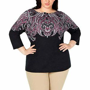 Karen Scott Pritned Boatneck Blouse Color Navy Blue